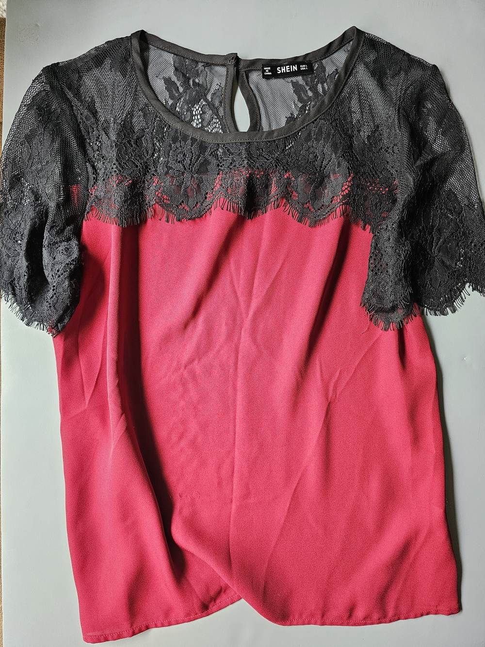 SHEIN Red Top with Black Lace Yoke